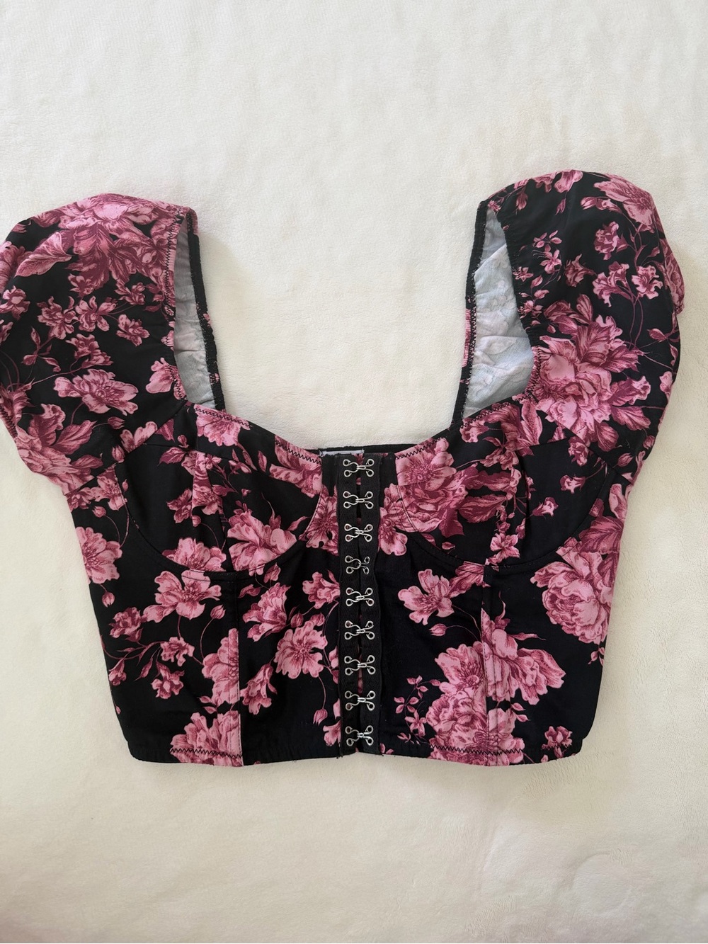 West of Melrose Floral Corset Crop Top Medium Black Pink